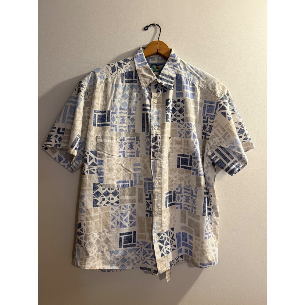 New Man Vintage Geometric Tile Print Short Sleeve Button Down Shirt Blue Tan XL